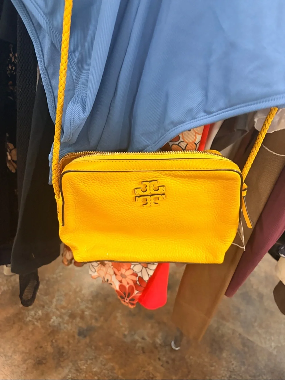 Tory Burch Yellow Leather Crossbody Camera Bag Braided Strap Like New